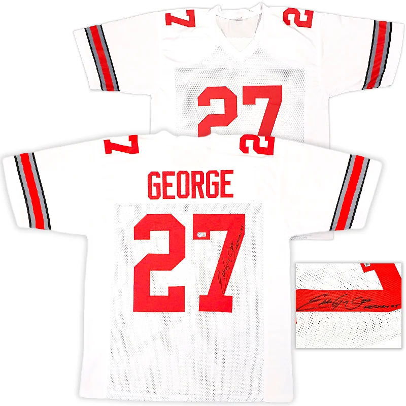 Ohio State Buckeyes Eddie George Autographed White Jersey "Heisman 1995" Beckett BAS Witness