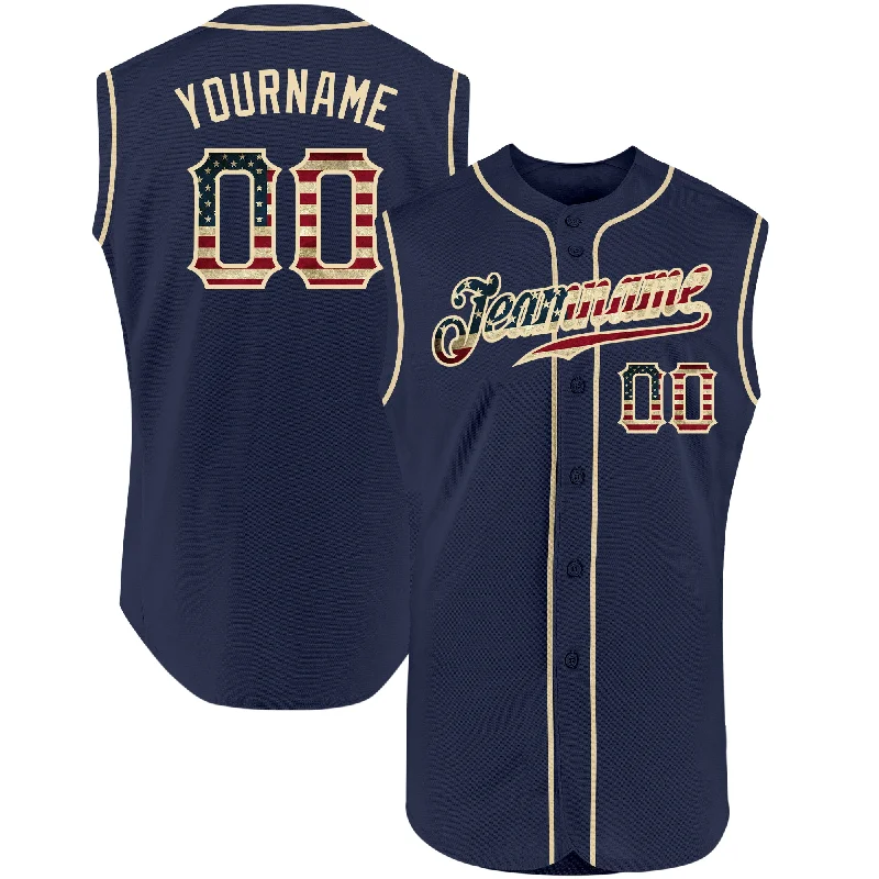 Custom Navy Vintage USA Flag-Cream Authentic Sleeveless Baseball Jersey