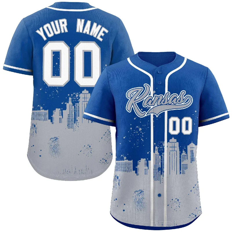 Custom Royal Gray Personalized Kansas City Nightscape Authentic Baseball Jersey