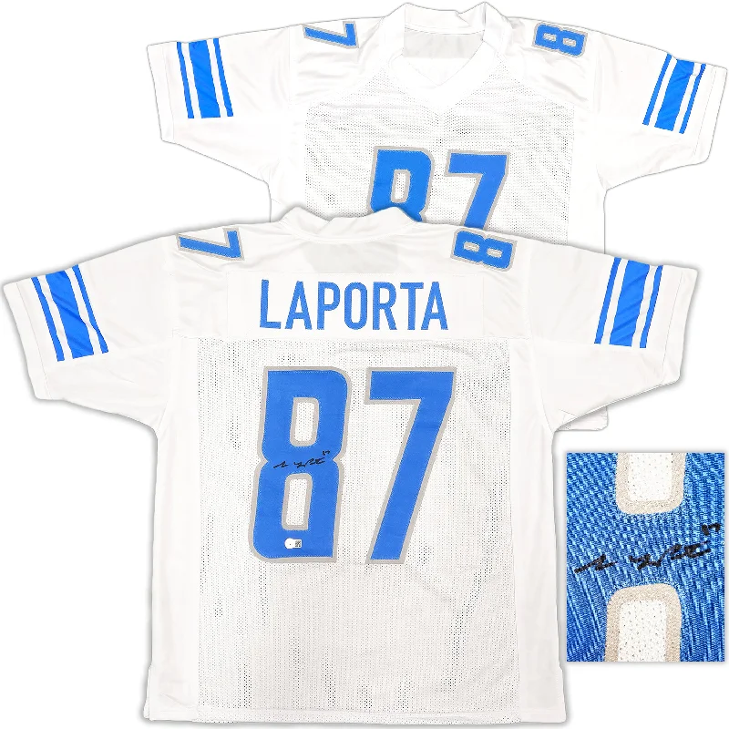 Detroit Lions Sam LaPorta Autographed White Jersey Beckett BAS Witness