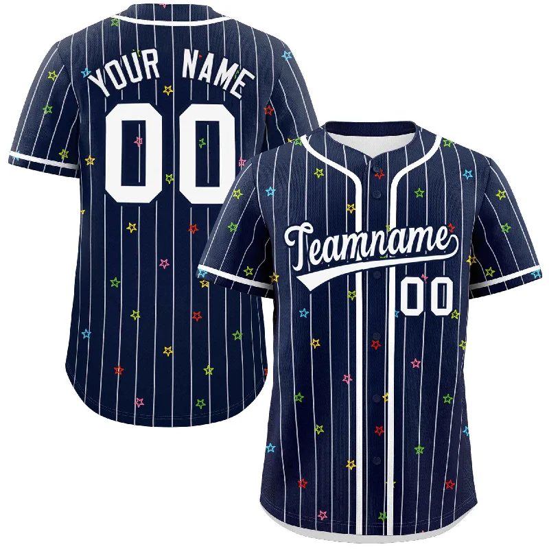 Custom Navy White Stripe Fashion Personalized Star Pattern Authentic Baseball Jersey