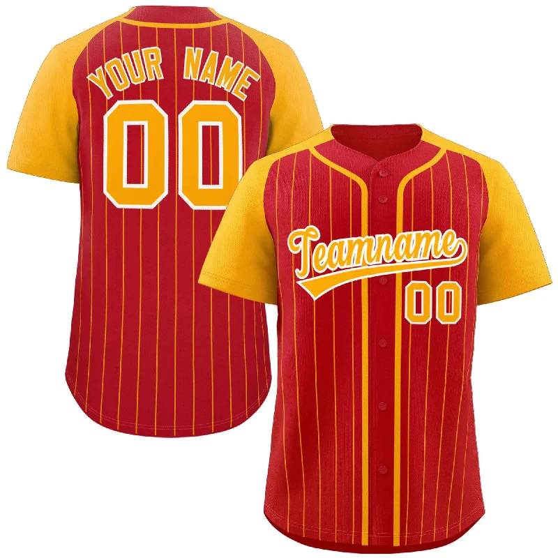 Custom Red Yellow-White Stripe Fashion Raglan Sleeves Authentic Baseball Jersey