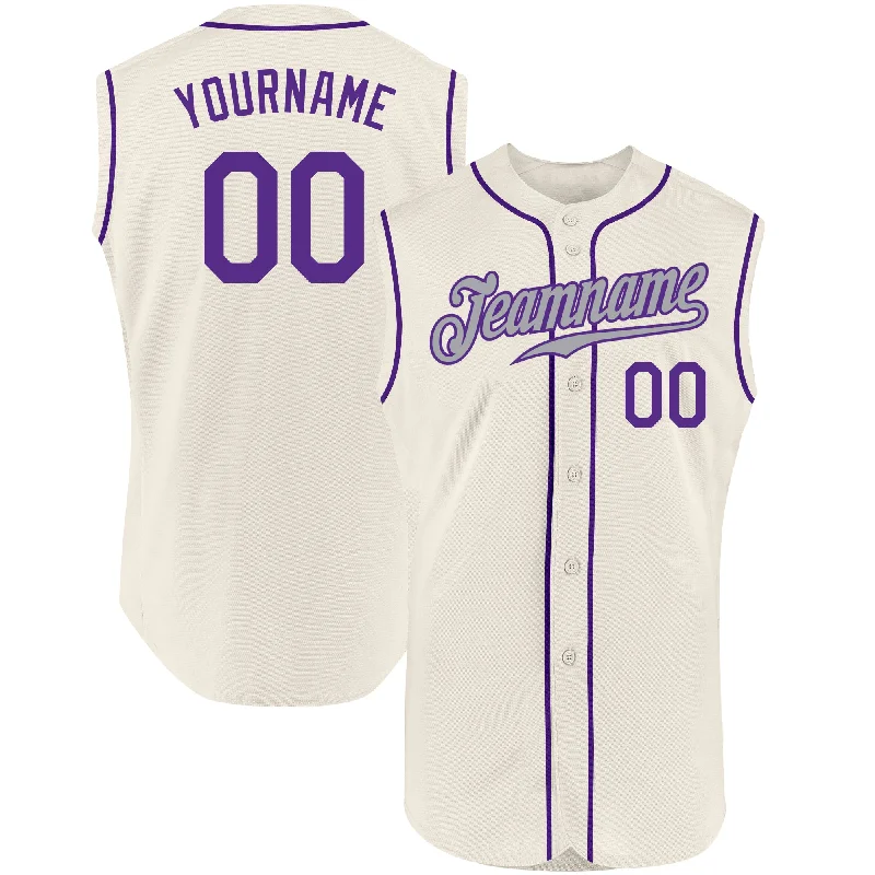 Custom Cream Purple-Gray Authentic Sleeveless Baseball Jersey