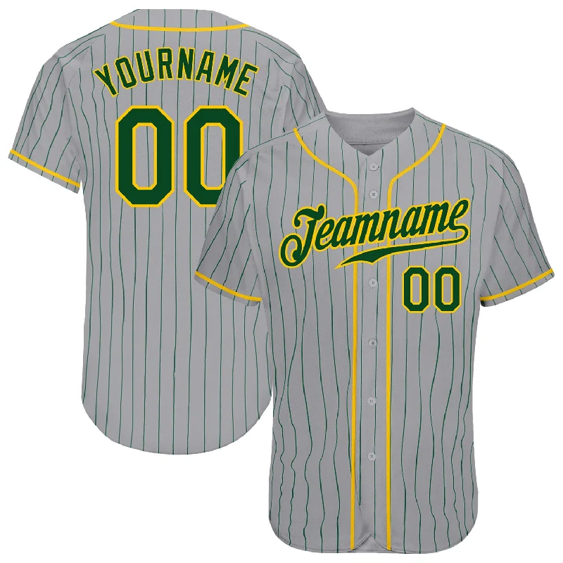 Custom Gray Green Pinstripe Green-Gold Authentic Baseball Jersey