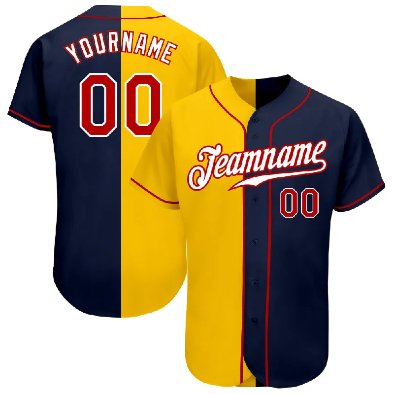 Custom Navy Red-Yellow Authentic Split Fashion Baseball Jersey