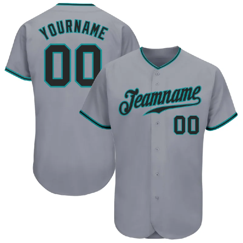 Custom Gray Black-Teal Authentic Baseball Jersey