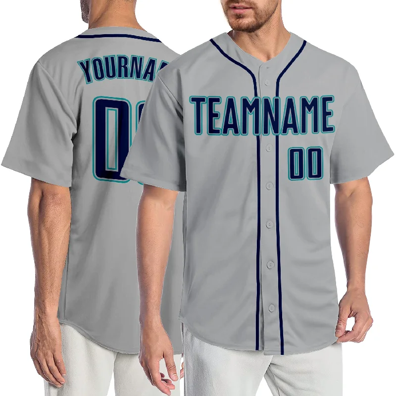 Custom Gray Navy-Teal Authentic Baseball Jersey