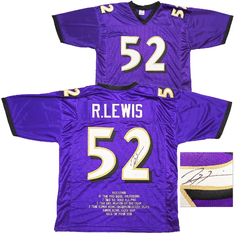 Baltimore Ravens Ray Lewis Autographed Purple Football Jersey With Stats JSA