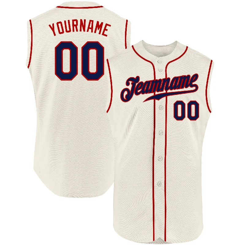 Custom Cream Navy-Red Authentic Sleeveless Baseball Jersey