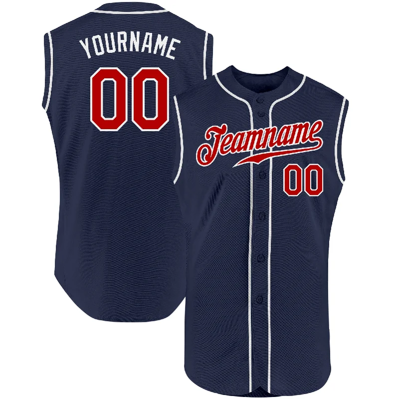 Custom Navy Red-White Authentic Sleeveless Baseball Jersey