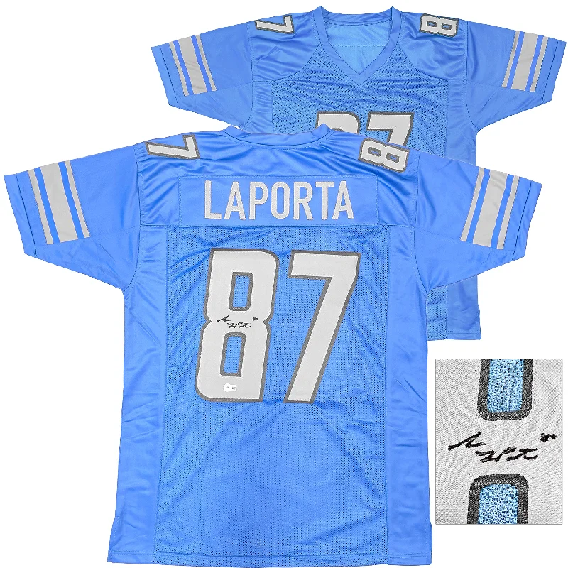 Detroit Lions Sam LaPorta Autographed Blue Jersey Beckett BAS Witness