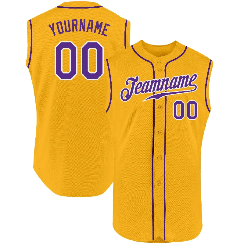 Custom Gold Purple-White Authentic Sleeveless Baseball Jersey