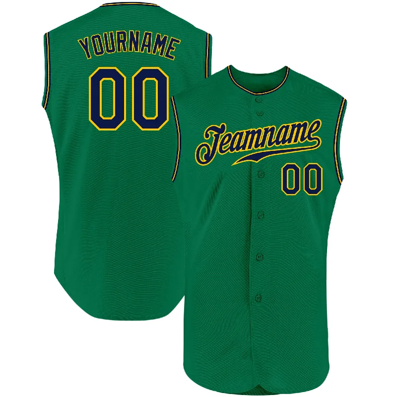 Custom Kelly Green Navy-Gold Authentic Sleeveless Baseball Jersey