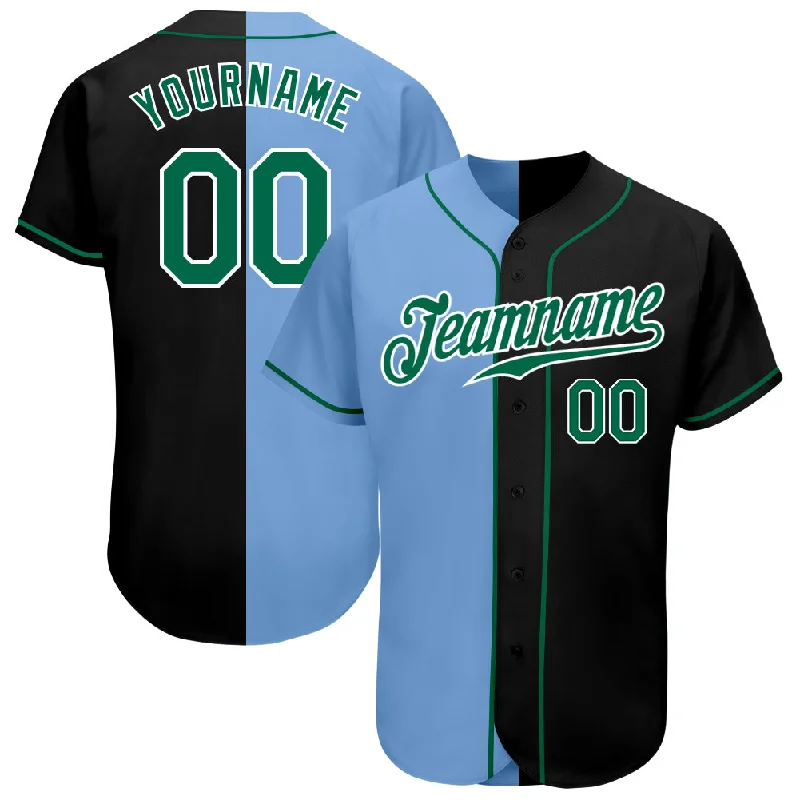 Custom Black Kelly Green-Light Blue Authentic Split Fashion Baseball Jersey