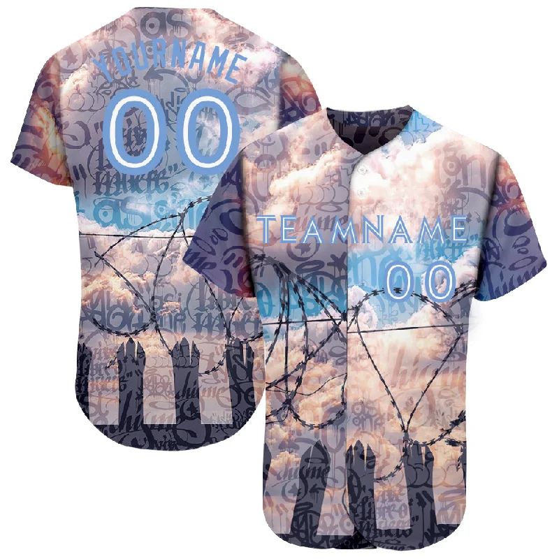 Custom Graffiti Pattern Light Blue-White 3D Freedom Authentic Baseball Jersey