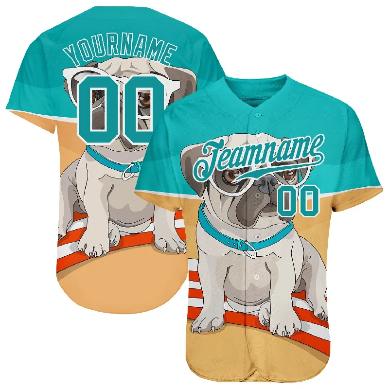 Custom Old Gold Teal-White 3D Pattern Design Puppy Pug Authentic Baseball Jersey