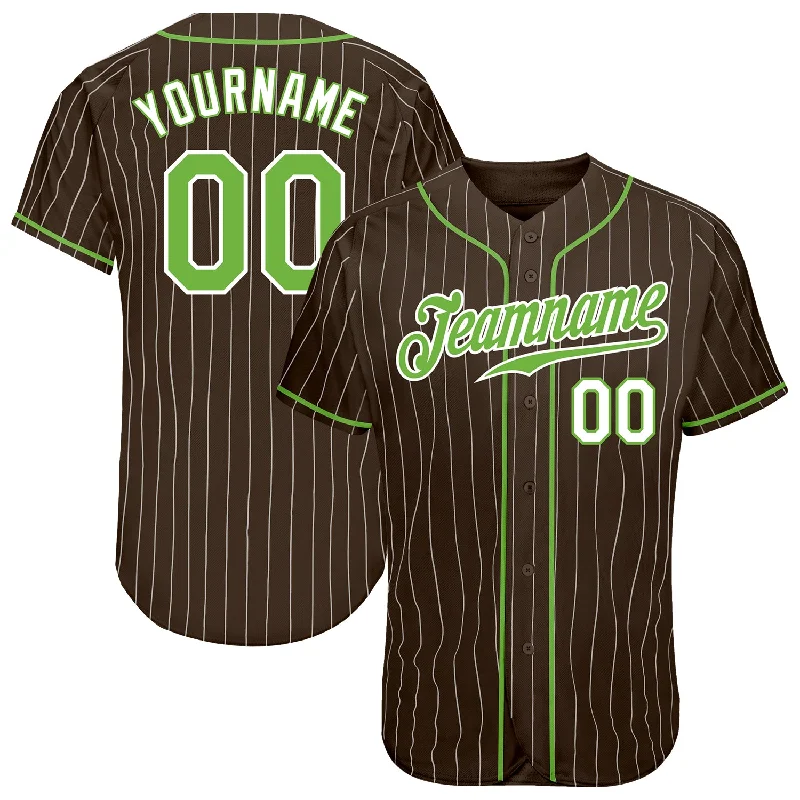 Custom Brown White Pinstripe Neon Green-White Authentic Baseball Jersey