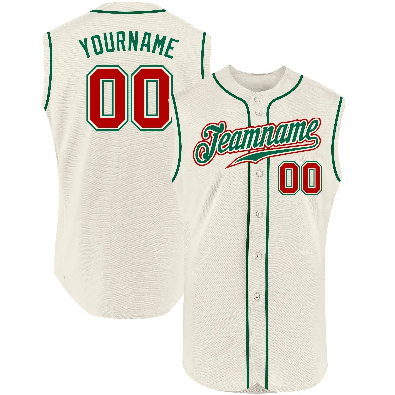 Custom Cream Red-Kelly Green Authentic Sleeveless Baseball Jersey