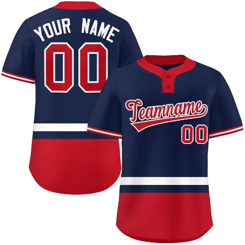 Custom Navy White-Red Color Block Personalized Authentic Two-Button Baseball Jersey