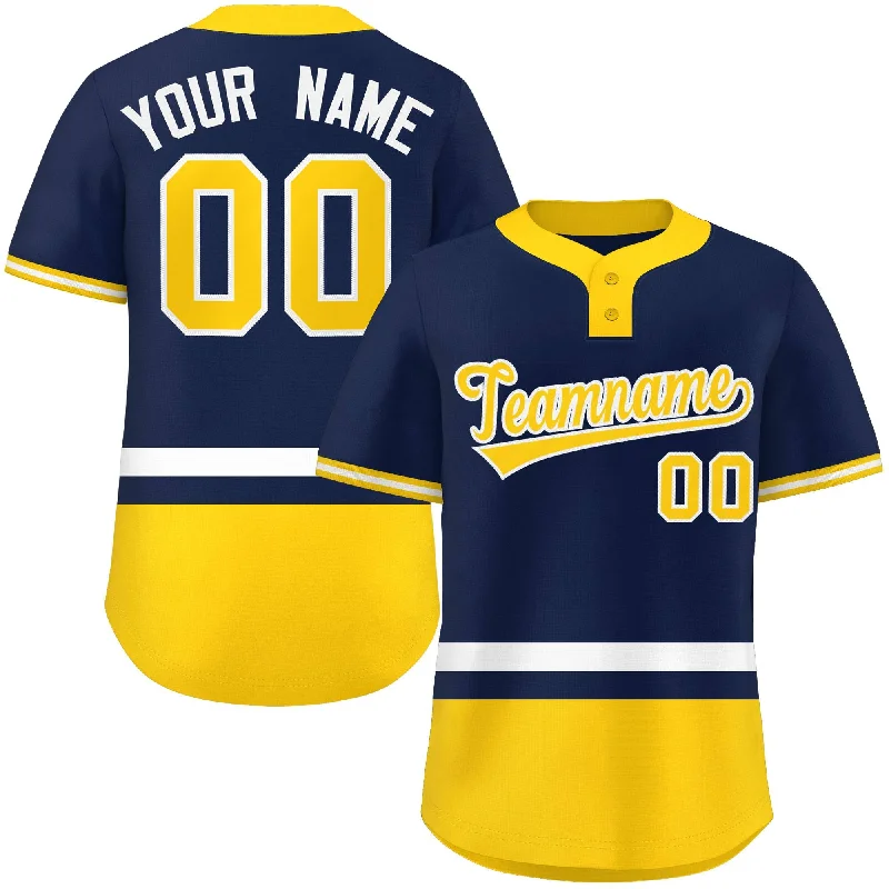 Custom Navy White-Gold Color Block Personalized Authentic Two-Button Baseball Jersey