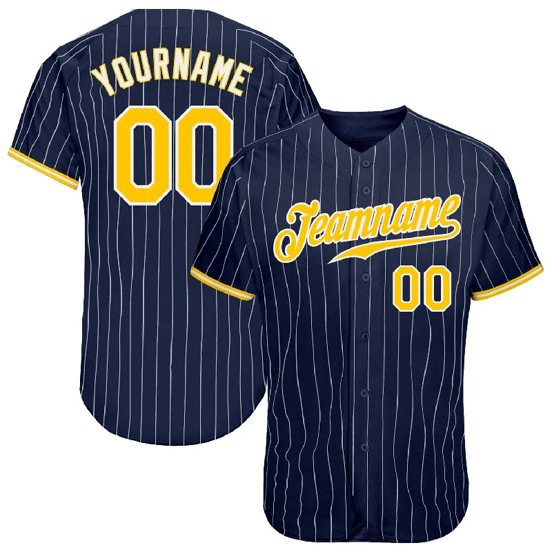 Custom Navy White Pinstripe Gold-White Authentic Baseball Jersey