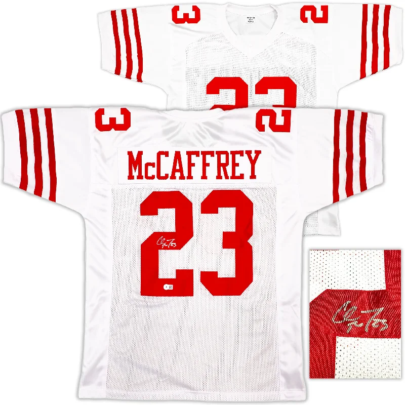 San Francisco 49ers Christian McCaffrey Autographed White Jersey Beckett BAS QR