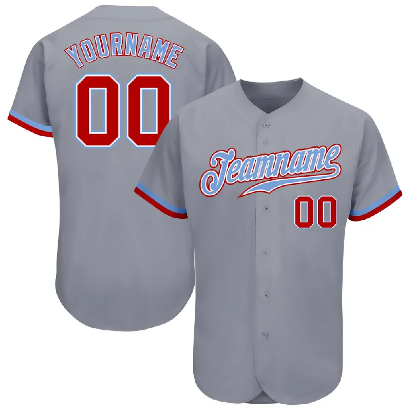 Custom Gray Red White-Light Blue Authentic Baseball Jersey