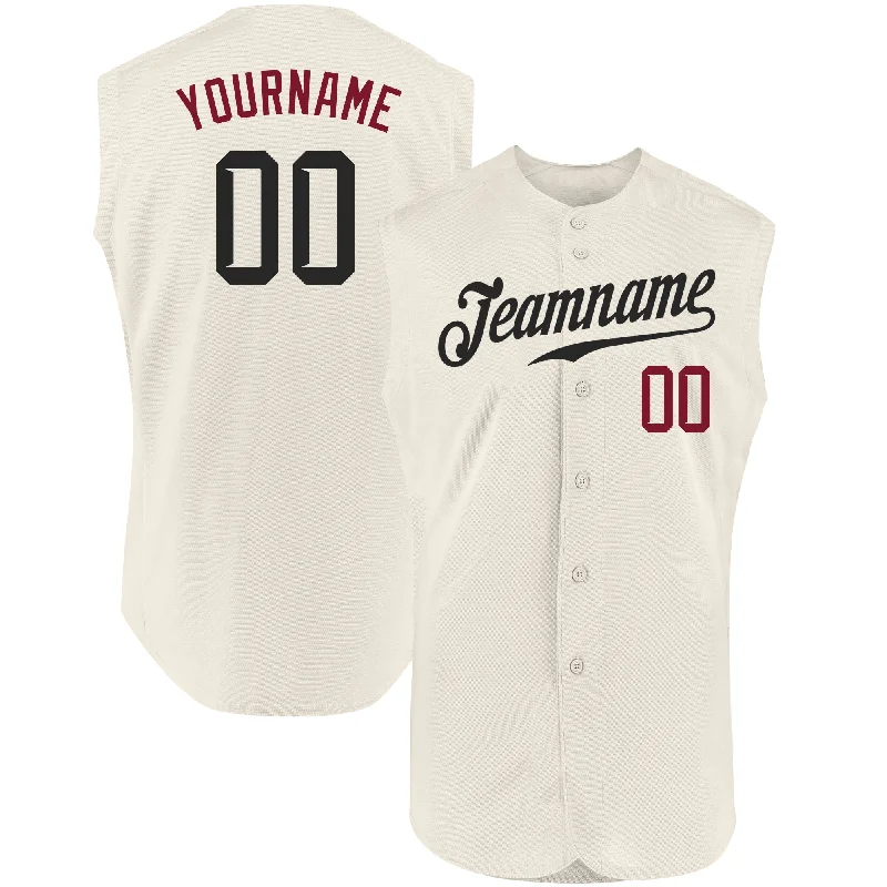 Custom Cream Black-Crimson Authentic Sleeveless Baseball Jersey