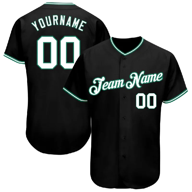 Custom Black White-Kelly Green Authentic Baseball Jersey