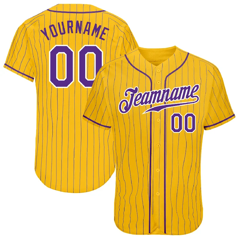 Custom Yellow Purple Pinstripe Purple-White Authentic Baseball Jersey