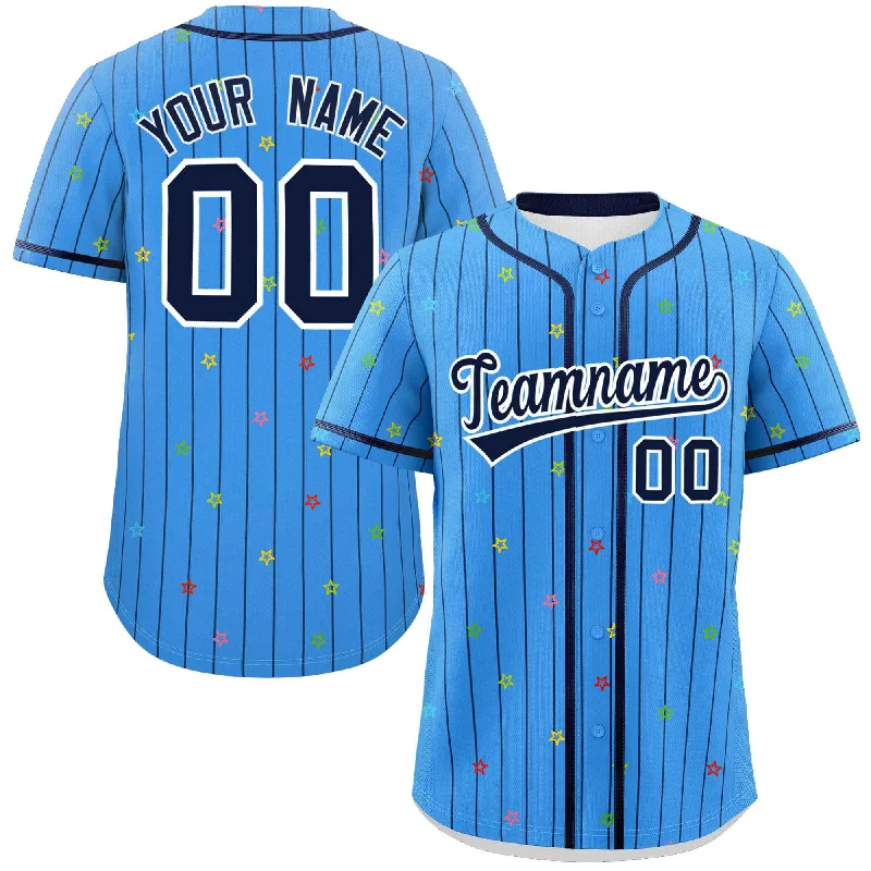 Custom Powder Blue Navy Stripe Fashion Personalized Star Pattern Authentic Baseball Jersey