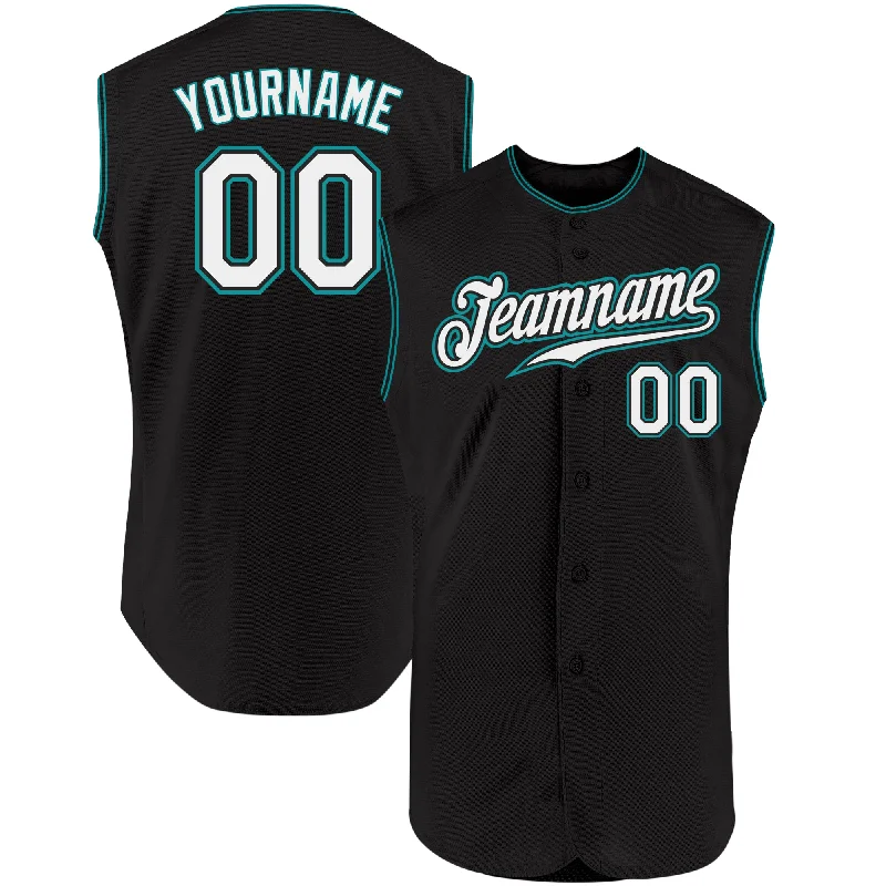 Custom Black White-Teal Authentic Sleeveless Baseball Jersey