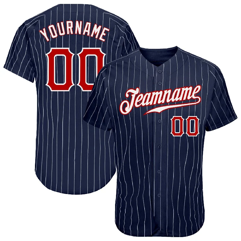 Custom Navy White Pinstripe Red-White Authentic Baseball Jersey