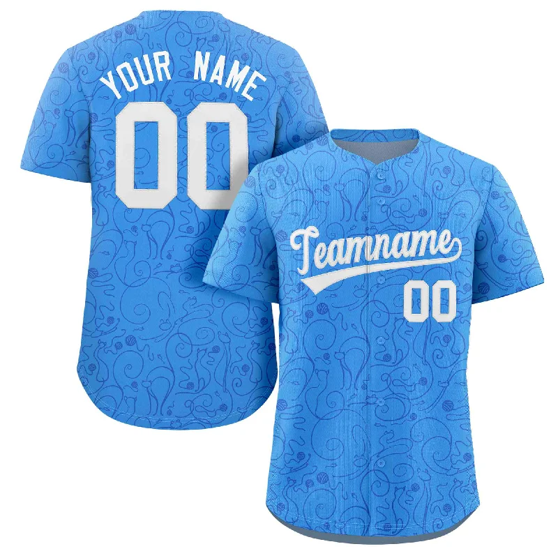 Custom Powder Blue Royal Line Art Graffiti Pattern Design Authentic Baseball Jersey