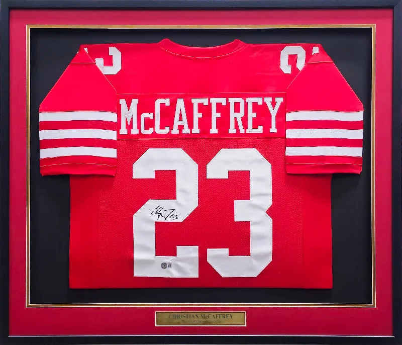 San Francisco 49ers Christian McCaffrey Autographed Framed Red Jersey Beckett BAS QR