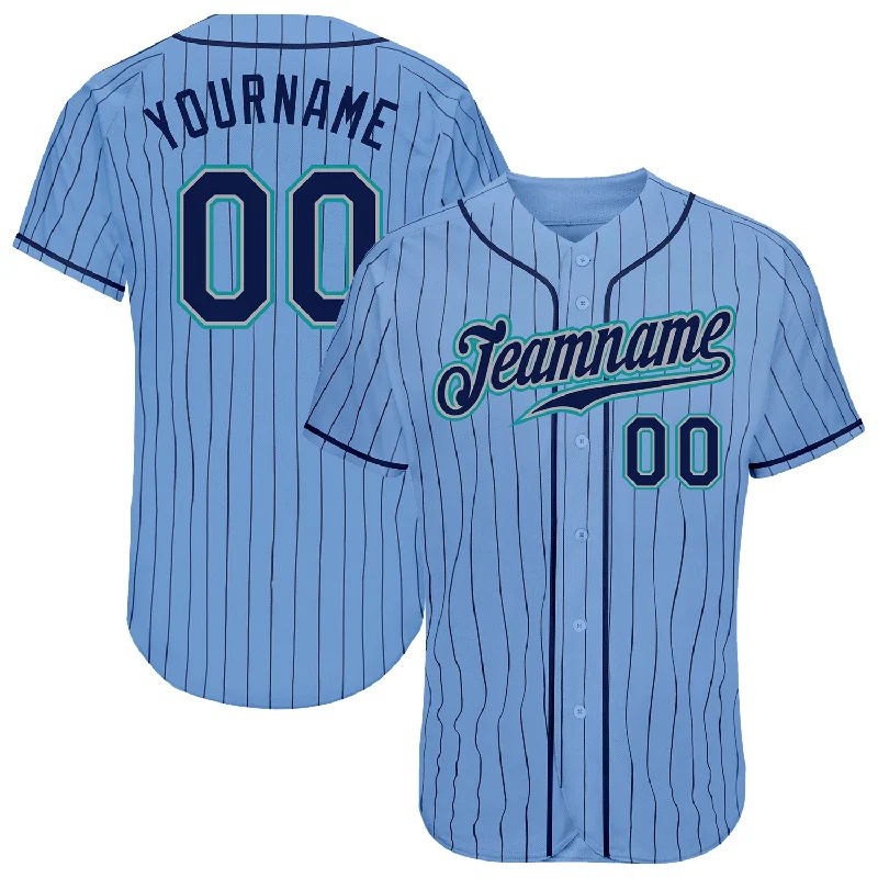 Custom Light Blue Navy Pinstripe Navy-Teal Authentic Baseball Jersey