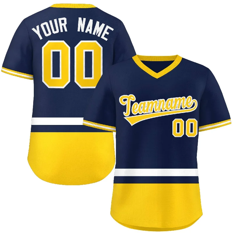 Custom Navy White-Gold Color Block Personalized V-Neck Authentic Pullover Baseball Jersey