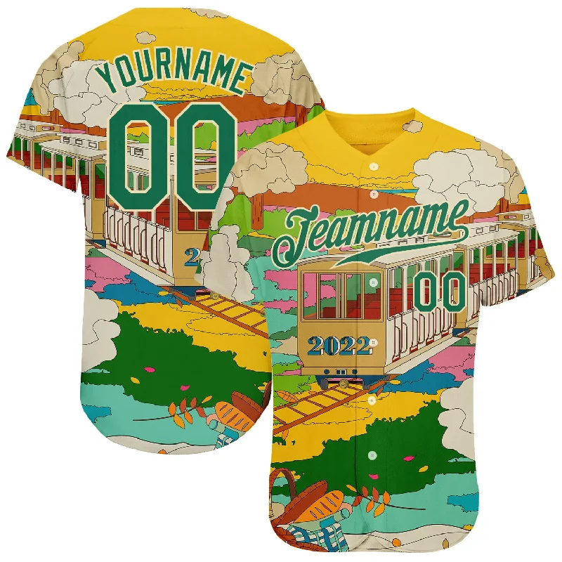 Custom Gold Kelly Green-Cream 3D Pattern Design Train Authentic Baseball Jersey