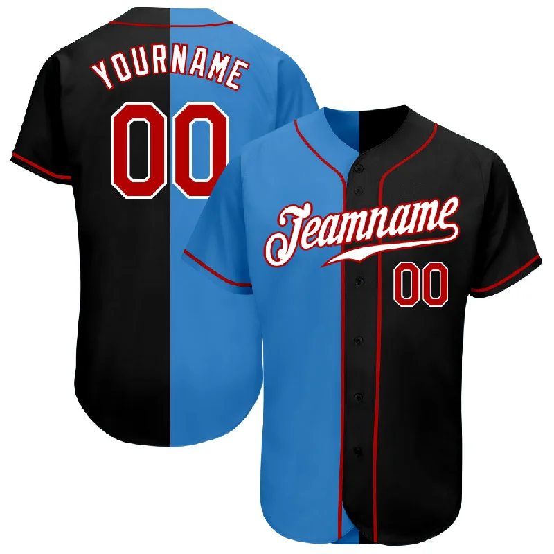 Custom Black Red-Powder Blue Authentic Split Fashion Baseball Jersey