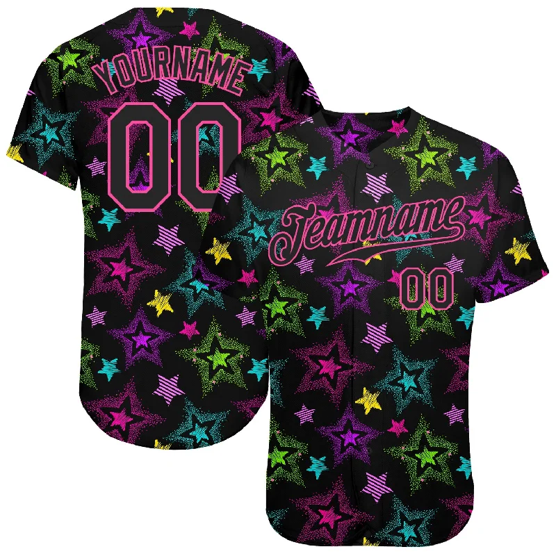 Custom Graffiti Pattern Black-Pink 3D Creative Colorful Stars Authentic Baseball Jersey