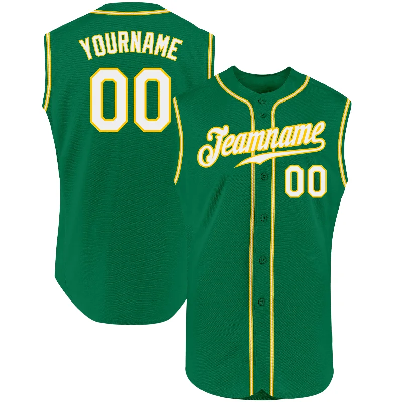 Custom Kelly Green White-Gold Authentic Sleeveless Baseball Jersey