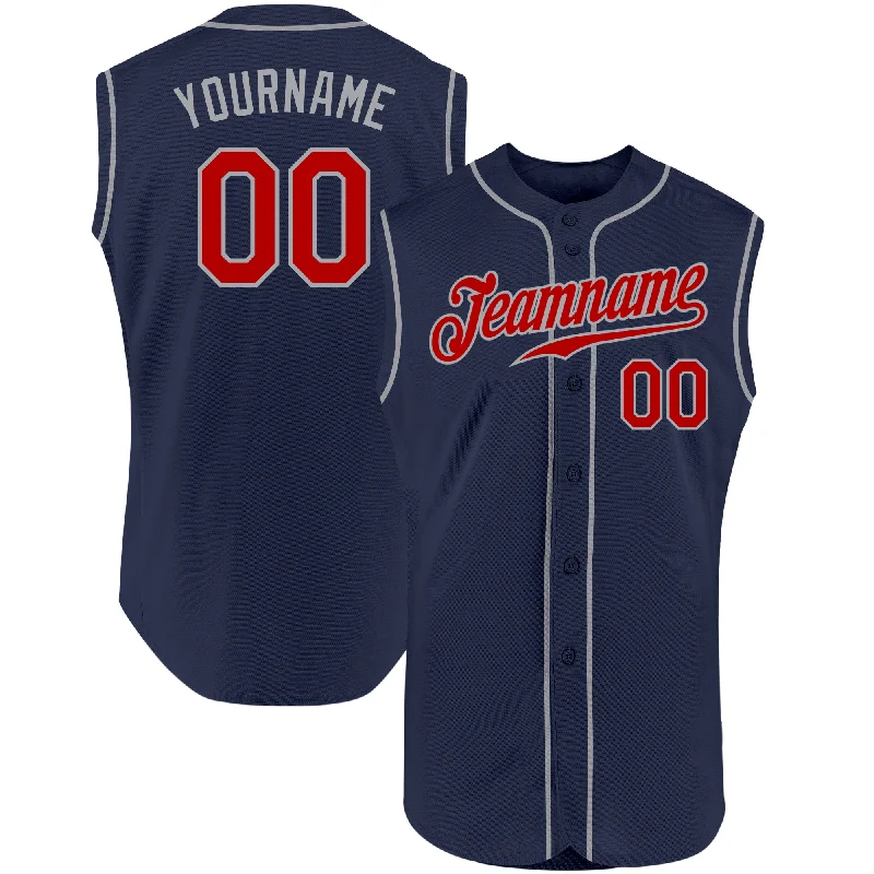 Custom Navy Red-Gray Authentic Sleeveless Baseball Jersey