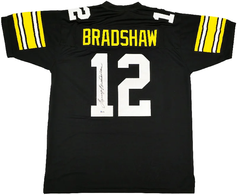 Pittsburgh Steelers Terry Bradshaw Autographed Black Jersey Beckett BAS Witness