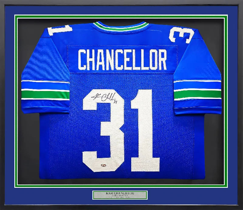 Seattle Seahawks Kam Chancellor Autographed Framed Blue Throwback Jersey MCS Holo