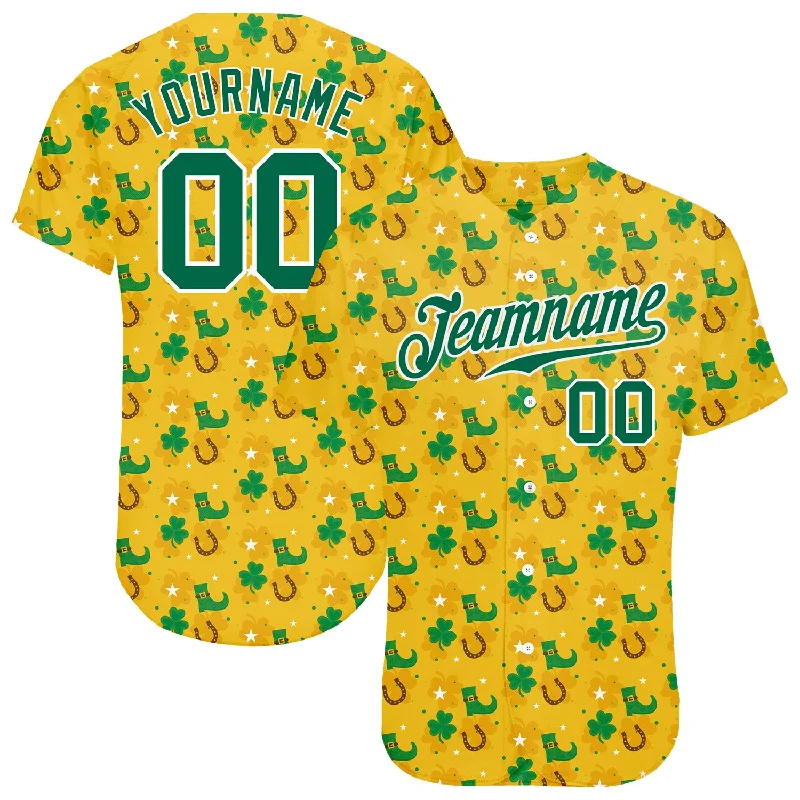 Custom Gold Kelly Green-White 3D Pattern Design Authentic St. Patrick's Day Baseball Jersey