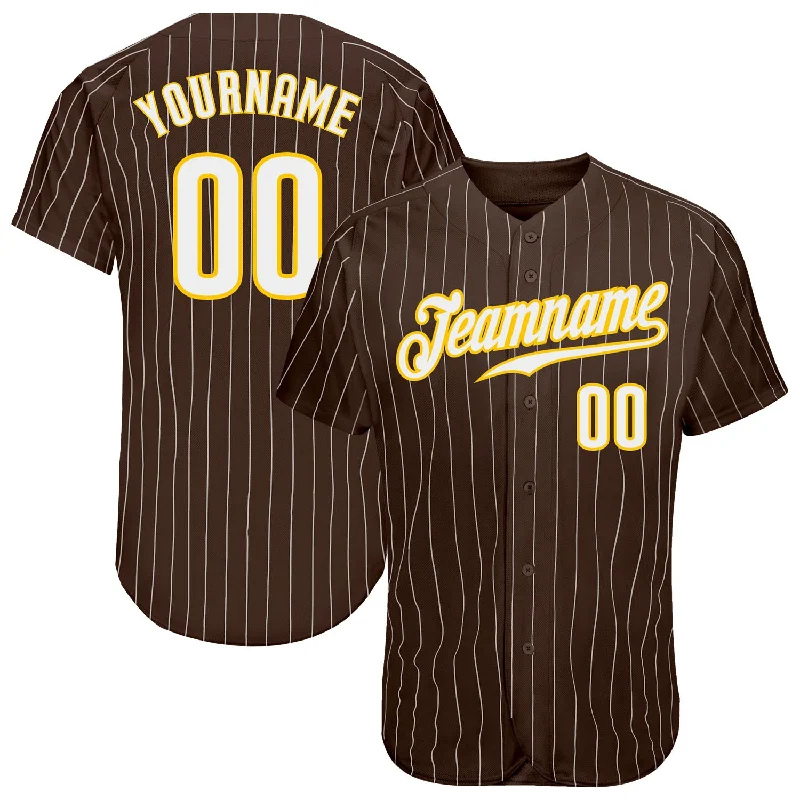 Custom Brown White Pinstripe White-Gold Authentic Baseball Jersey