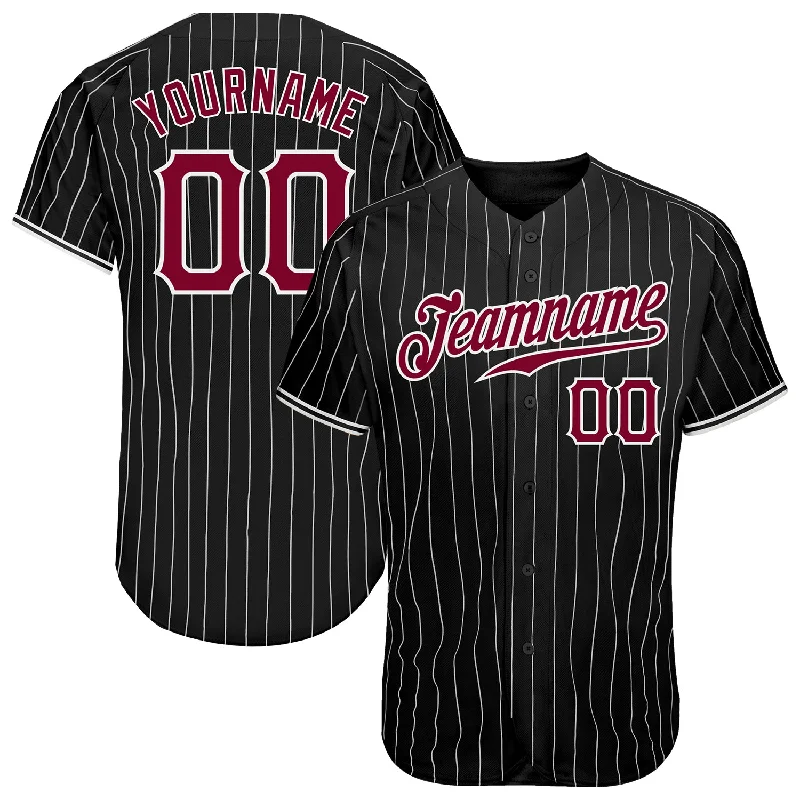 Custom Black White Pinstripe Maroon-White Authentic Baseball Jersey