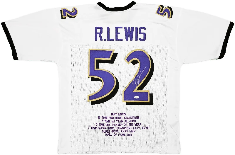 Baltimore Ravens Ray Lewis Autographed White Football Jersey With Stats JSA