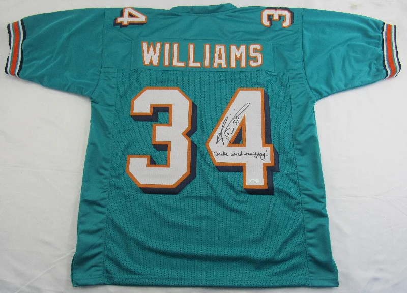 Ricky Williams Signed Throwback Dolphins Jersey w/ Smoke Insc JSA COA